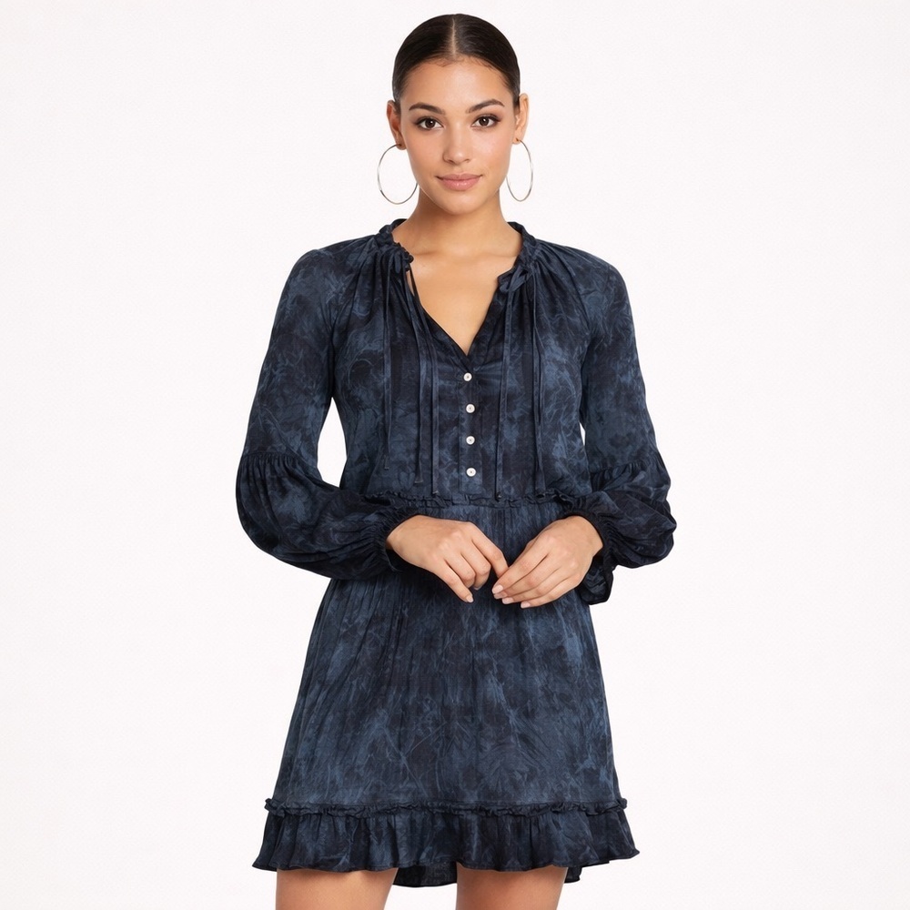 Olivaceous Midnight Blue and Black Tie Dye Long Sleeve Dress (121)